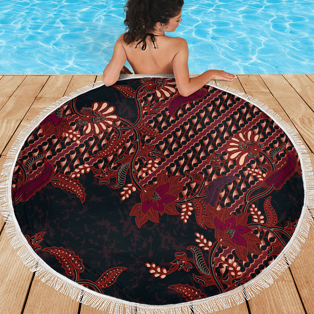 Indonesian Parang Batik Beach Blanket Red Floral Pattern