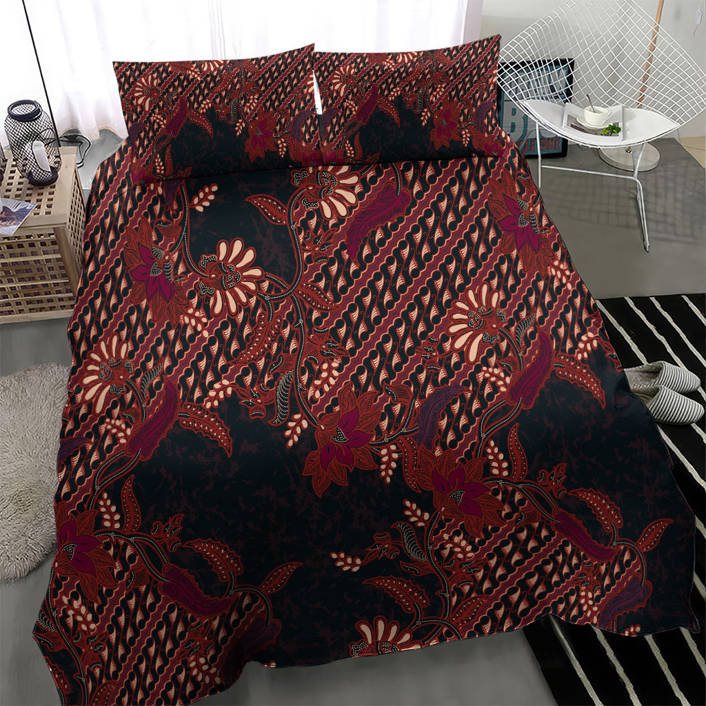 Indonesian Parang Batik Bedding Set Red Floral Pattern