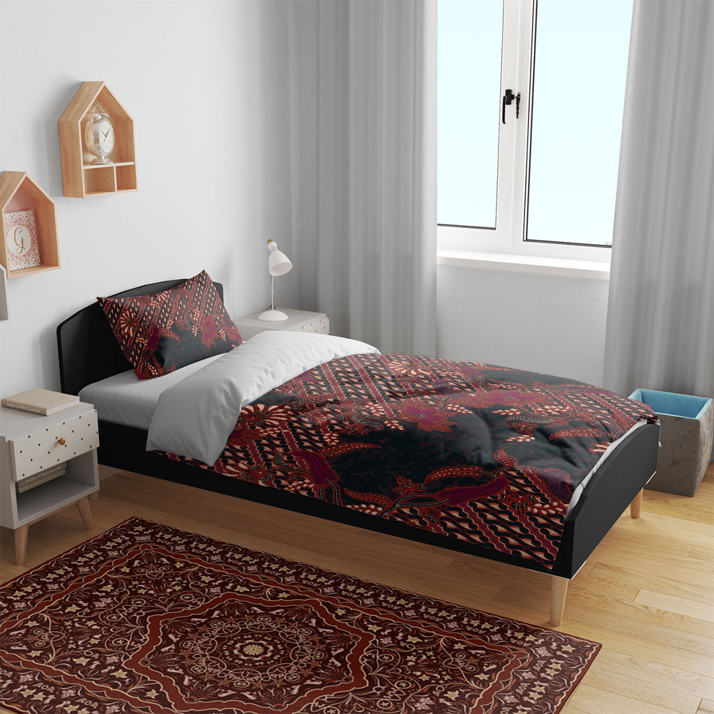 Indonesian Parang Batik Bedding Set Red Floral Pattern