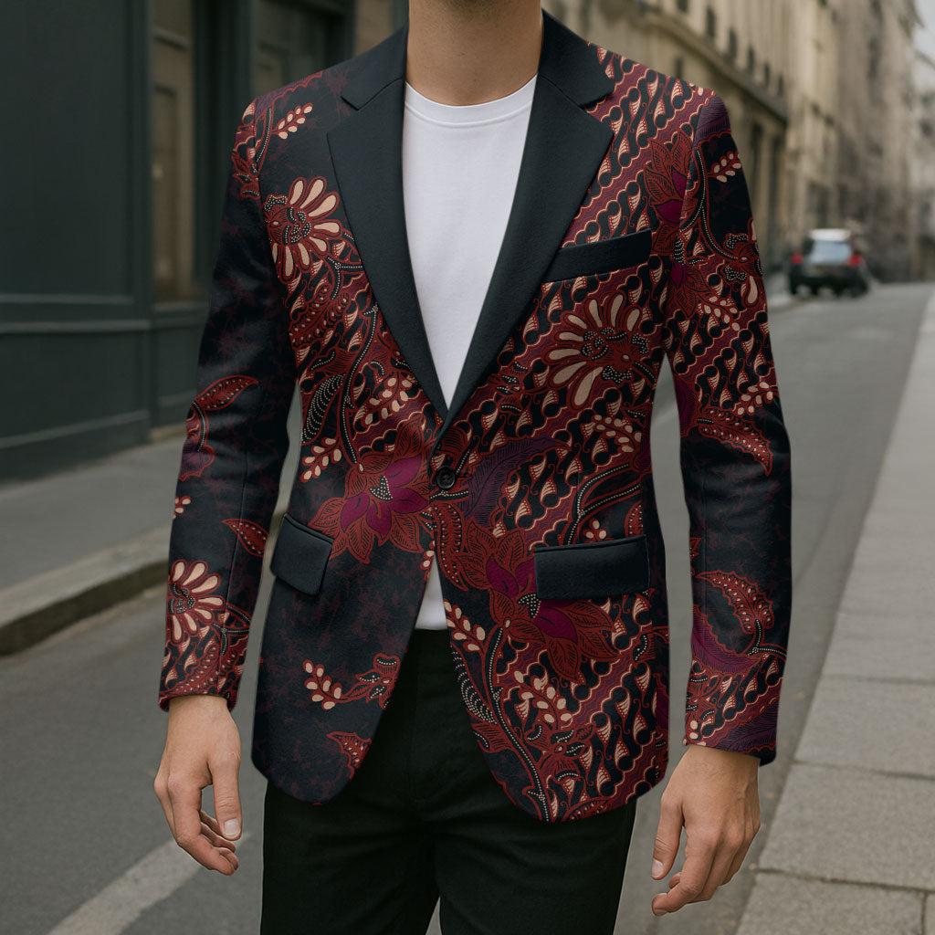 Indonesian Parang Batik Blazer Red Floral Pattern
