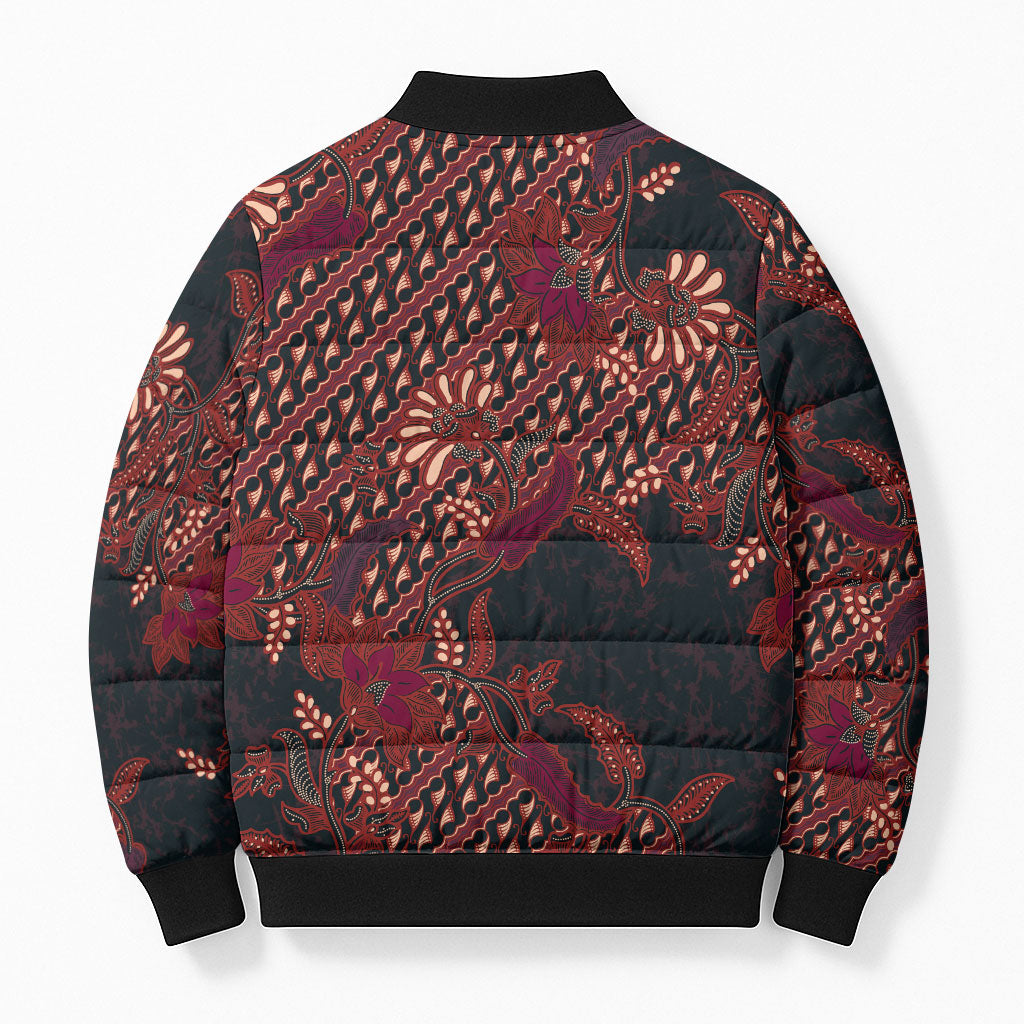 Indonesian Parang Batik Bomber Puffer Jacket Red Floral Pattern