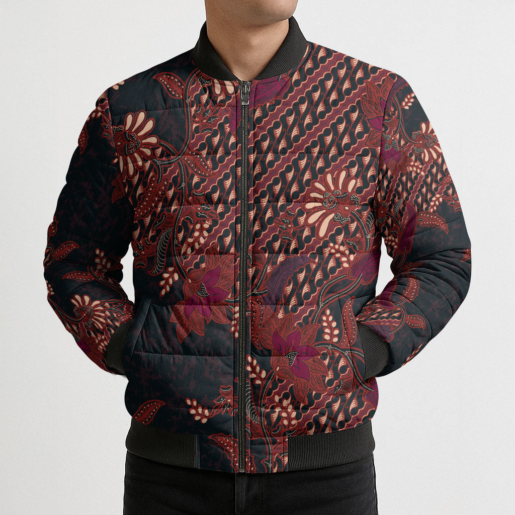 Indonesian Parang Batik Bomber Puffer Jacket Red Floral Pattern