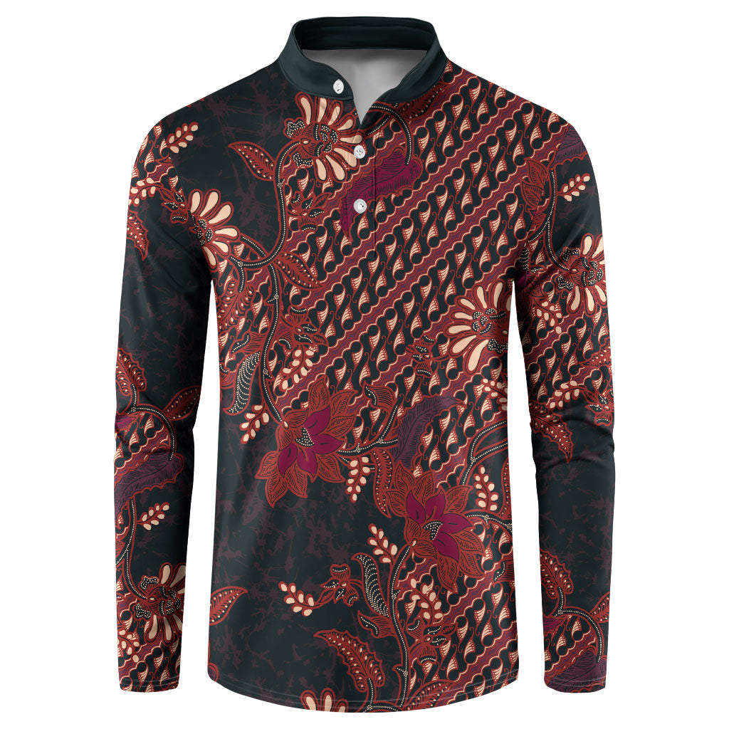 Indonesian Parang Batik Button Sweatshirt Red Floral Pattern