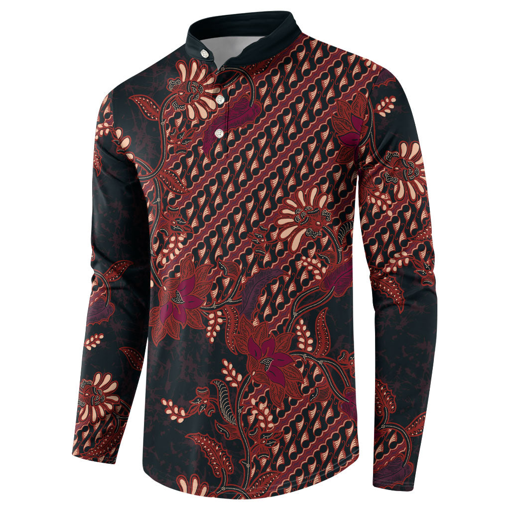 Indonesian Parang Batik Button Sweatshirt Red Floral Pattern