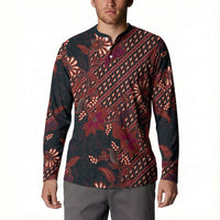 Indonesian Parang Batik Button Sweatshirt Red Floral Pattern