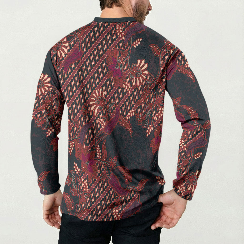 Indonesian Parang Batik Button Sweatshirt Red Floral Pattern