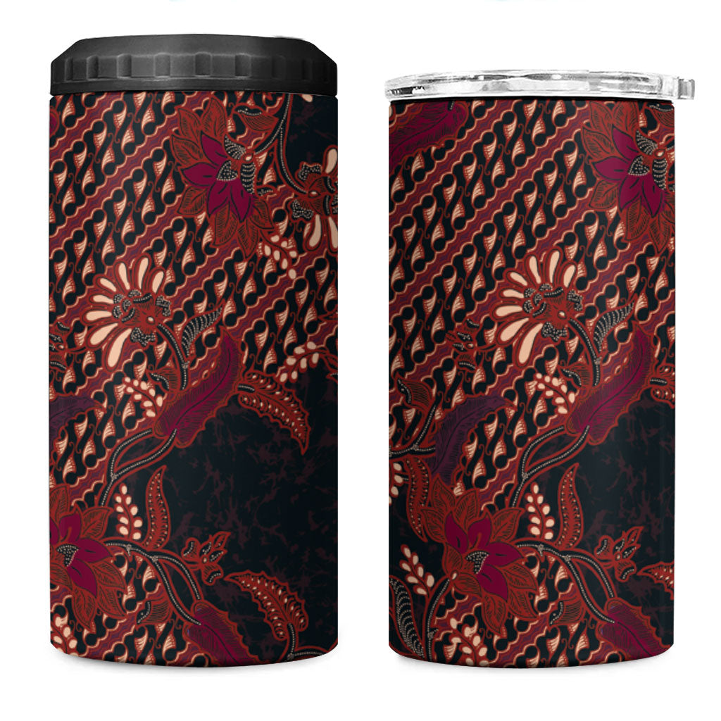 Indonesian Parang Batik 4 in 1 Can Cooler Tumbler Red Floral Pattern