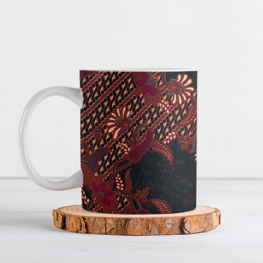 Indonesian Parang Batik Ceramic Mug Red Floral Pattern