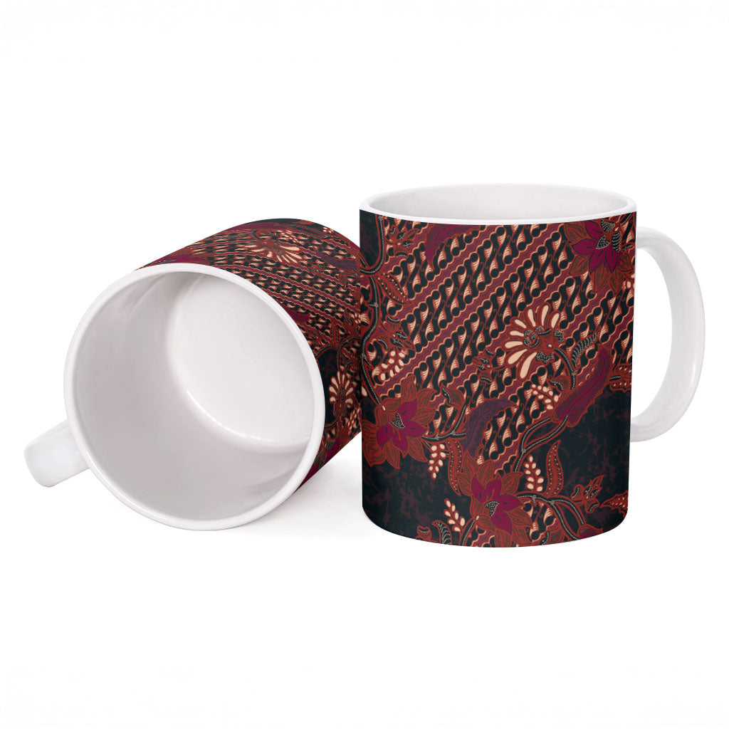 Indonesian Parang Batik Ceramic Mug Red Floral Pattern