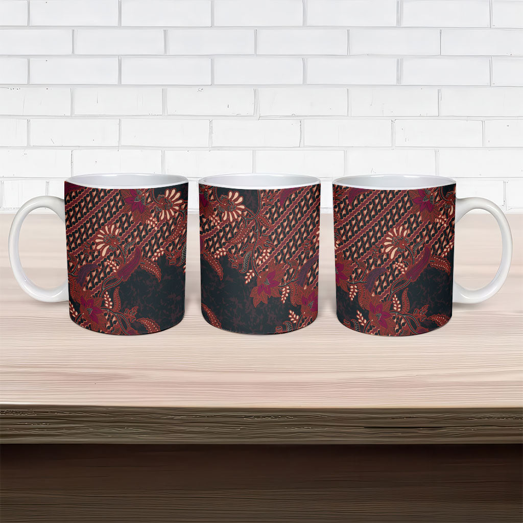 Indonesian Parang Batik Ceramic Mug Red Floral Pattern