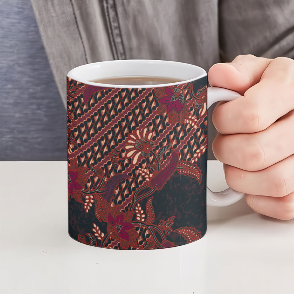 Indonesian Parang Batik Ceramic Mug Red Floral Pattern