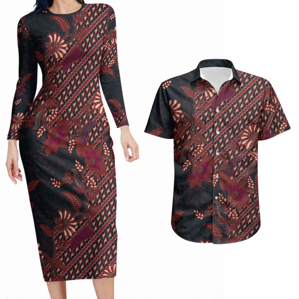 Indonesian Parang Batik Couples Matching Long Sleeve Bodycon Dress and Hawaiian Shirt Red Floral Pattern