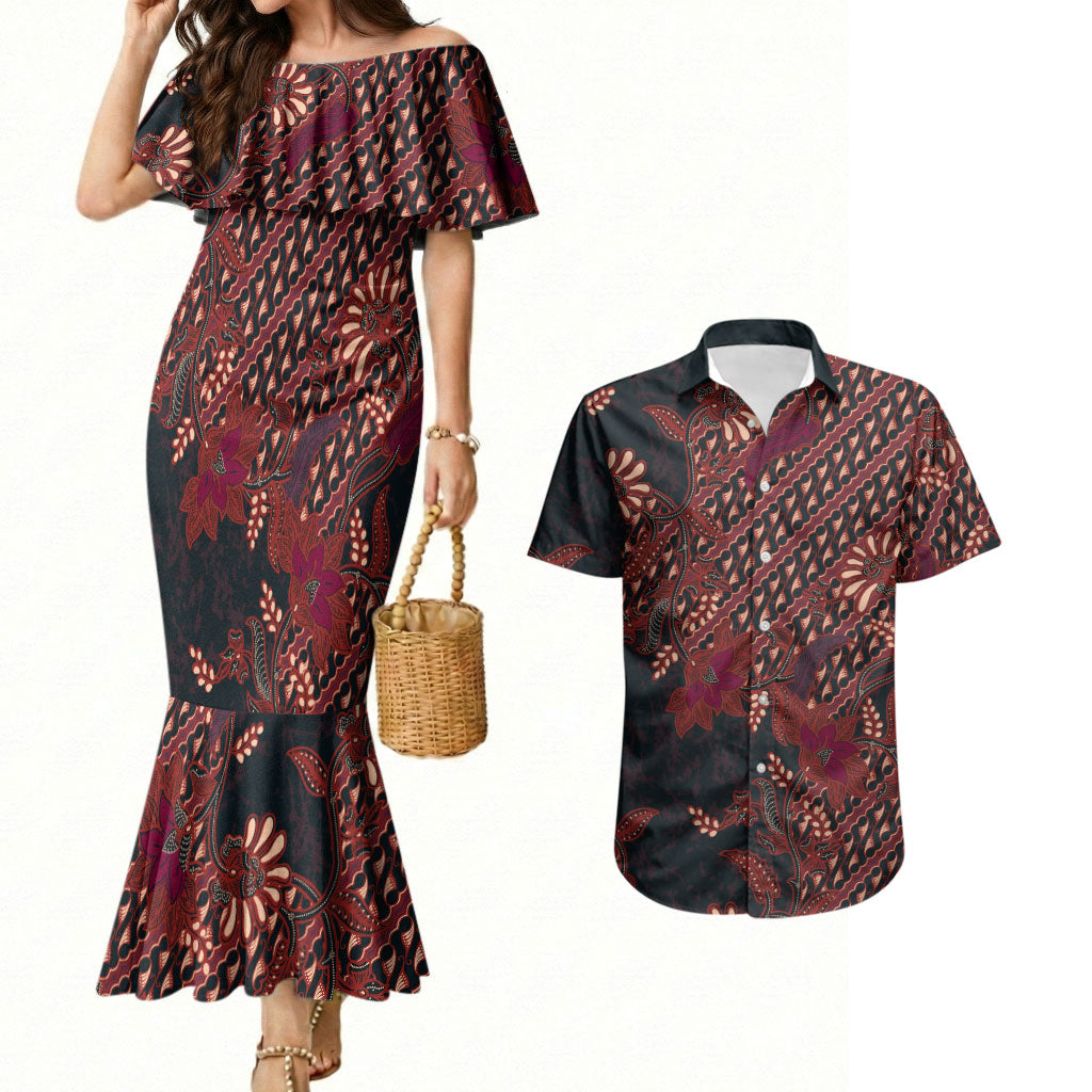 Indonesian Parang Batik Couples Matching Mermaid Dress and Hawaiian Shirt Red Floral Pattern