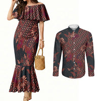 Indonesian Parang Batik Couples Matching Mermaid Dress and Long Sleeve Button Shirt Red Floral Pattern