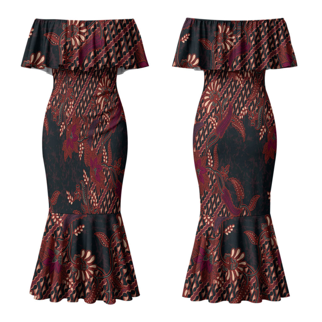 Indonesian Parang Batik Couples Matching Mermaid Dress and Long Sleeve Button Shirt Red Floral Pattern