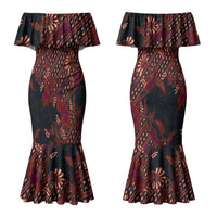 Indonesian Parang Batik Couples Matching Mermaid Dress and Long Sleeve Button Shirt Red Floral Pattern