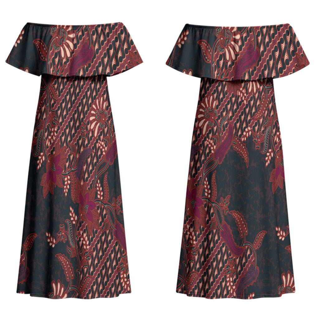 Indonesian Parang Batik Couples Matching Off Shoulder Maxi Dress and Long Sleeve Button Shirt Red Floral Pattern