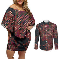 Indonesian Parang Batik Couples Matching Off Shoulder Short Dress and Long Sleeve Button Shirt Red Floral Pattern