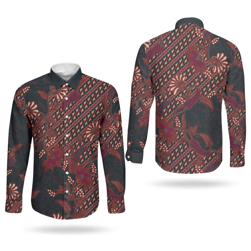 Indonesian Parang Batik Couples Matching Off Shoulder Short Dress and Long Sleeve Button Shirt Red Floral Pattern