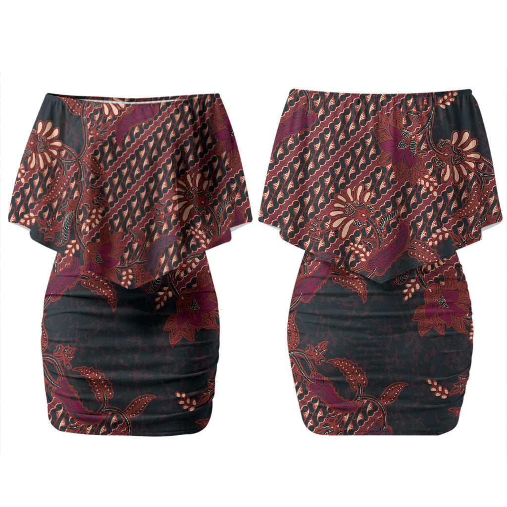 Indonesian Parang Batik Couples Matching Off Shoulder Short Dress and Long Sleeve Button Shirt Red Floral Pattern