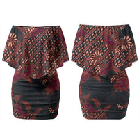 Indonesian Parang Batik Couples Matching Off Shoulder Short Dress and Long Sleeve Button Shirt Red Floral Pattern