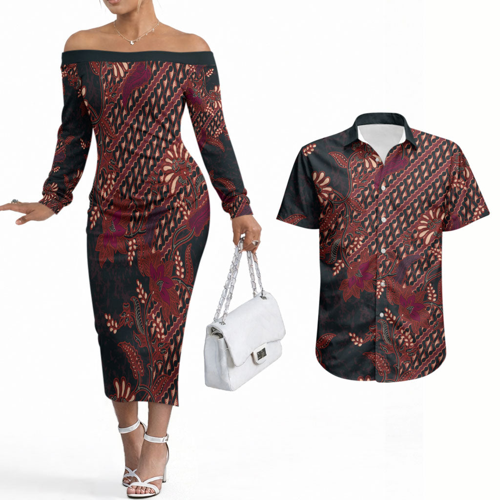 Indonesian Parang Batik Couples Matching Off The Shoulder Long Sleeve Dress and Hawaiian Shirt Red Floral Pattern