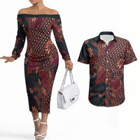 Indonesian Parang Batik Couples Matching Off The Shoulder Long Sleeve Dress and Hawaiian Shirt Red Floral Pattern