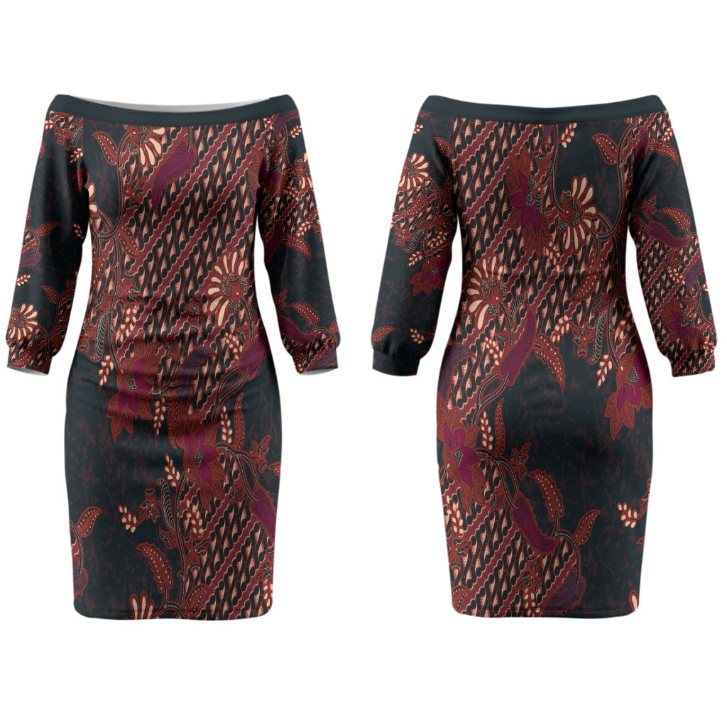Indonesian Parang Batik Couples Matching Off The Shoulder Long Sleeve Dress and Hawaiian Shirt Red Floral Pattern