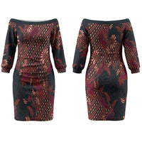Indonesian Parang Batik Couples Matching Off The Shoulder Long Sleeve Dress and Hawaiian Shirt Red Floral Pattern