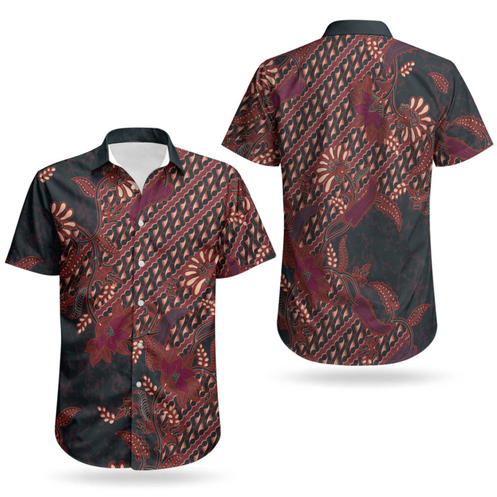 Indonesian Parang Batik Couples Matching Puletasi and Hawaiian Shirt Red Floral Pattern