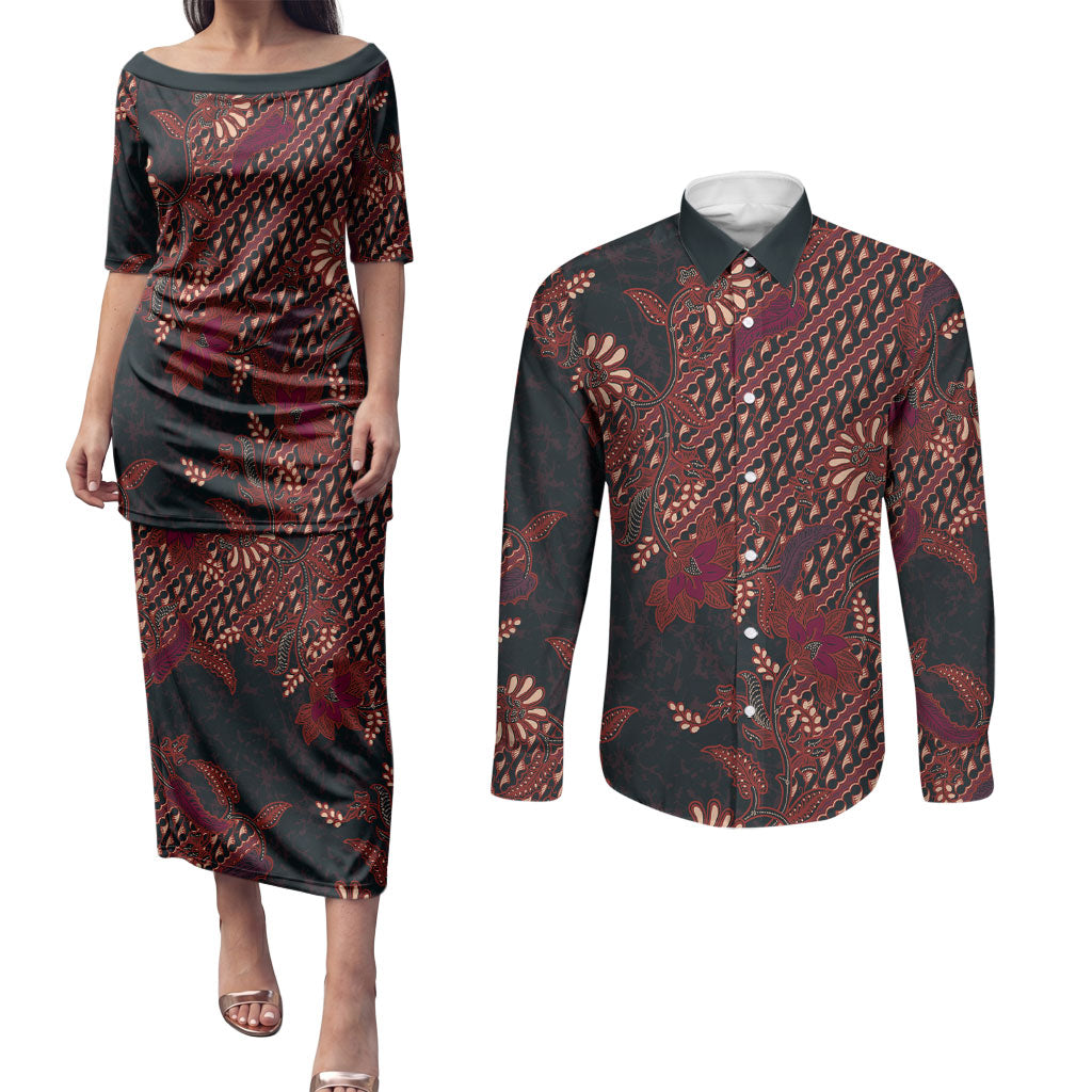 Indonesian Parang Batik Couples Matching Puletasi and Long Sleeve Button Shirt Red Floral Pattern