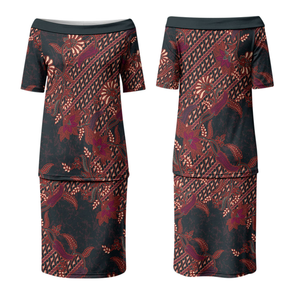 Indonesian Parang Batik Couples Matching Puletasi and Long Sleeve Button Shirt Red Floral Pattern