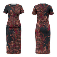 Indonesian Parang Batik Couples Matching Short Sleeve Bodycon Dress and Long Sleeve Button Shirt Red Floral Pattern
