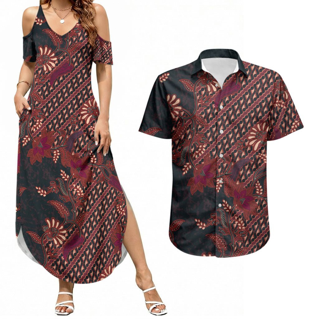 Indonesian Parang Batik Couples Matching Summer Maxi Dress and Hawaiian Shirt Red Floral Pattern