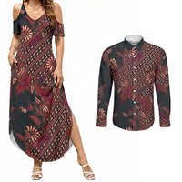 Indonesian Parang Batik Couples Matching Summer Maxi Dress and Long Sleeve Button Shirt Red Floral Pattern