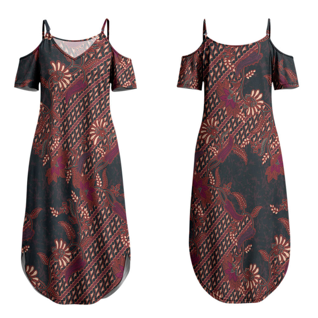Indonesian Parang Batik Couples Matching Summer Maxi Dress and Long Sleeve Button Shirt Red Floral Pattern