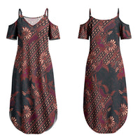 Indonesian Parang Batik Couples Matching Summer Maxi Dress and Long Sleeve Button Shirt Red Floral Pattern