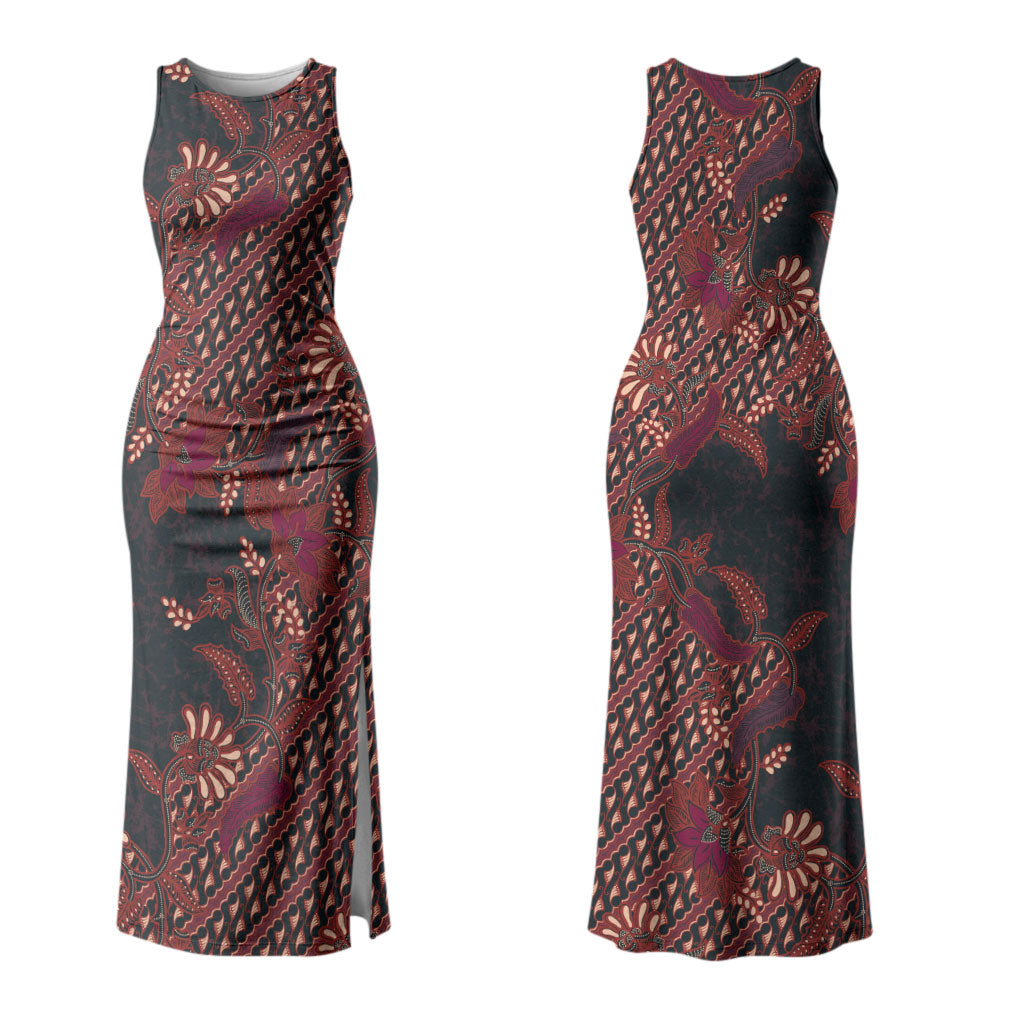Indonesian Parang Batik Couples Matching Tank Maxi Dress and Hawaiian Shirt Red Floral Pattern