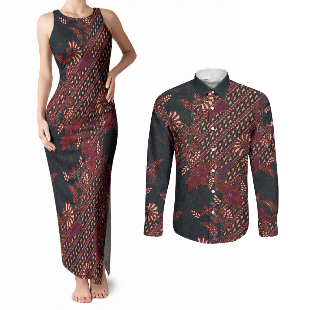 Indonesian Parang Batik Couples Matching Tank Maxi Dress and Long Sleeve Button Shirt Red Floral Pattern