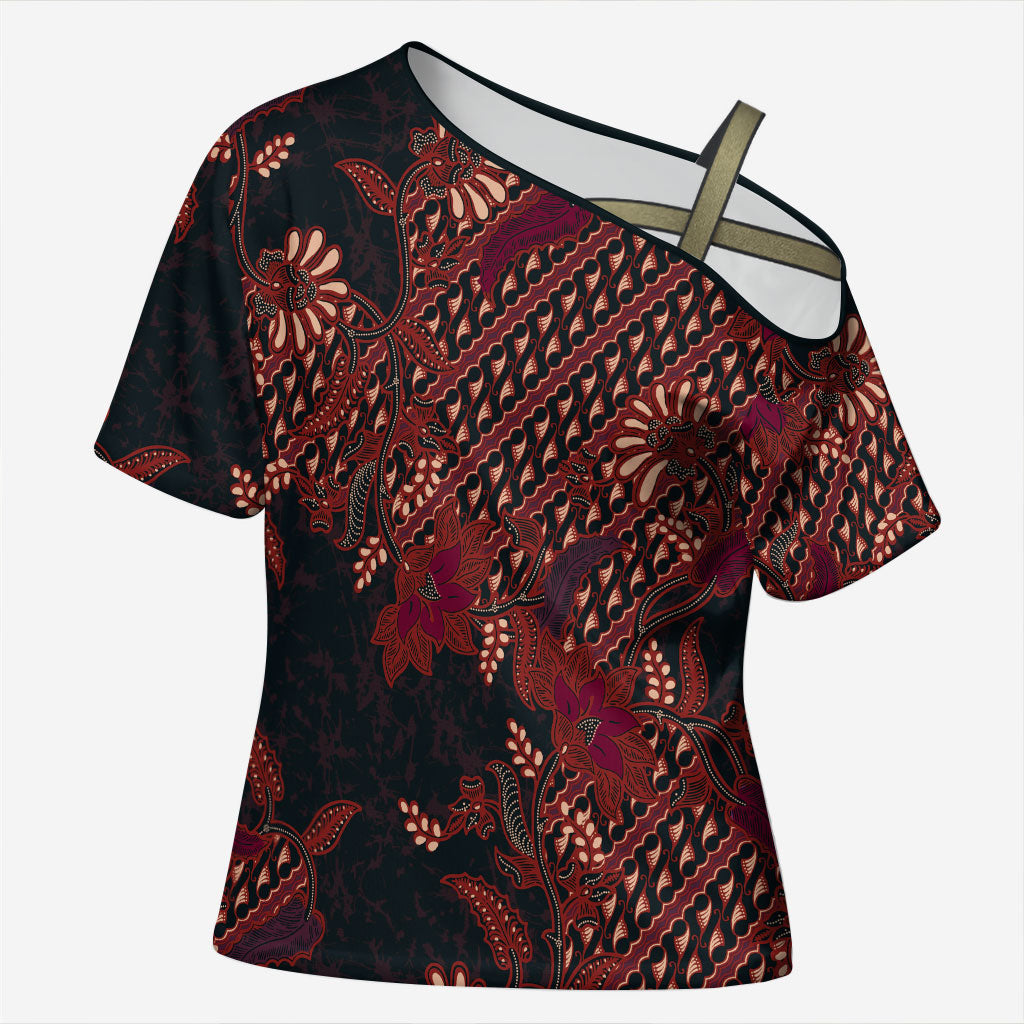 Indonesian Parang Batik Cross Shoulder Shirt Red Floral Pattern