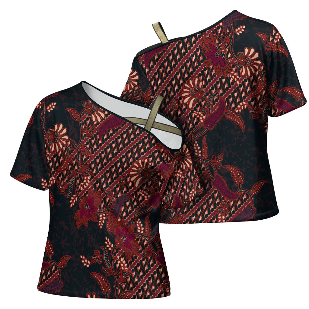 Indonesian Parang Batik Cross Shoulder Shirt Red Floral Pattern