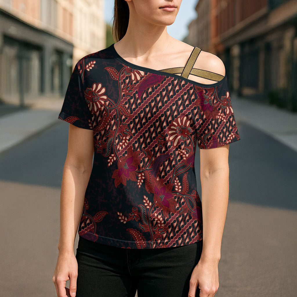 Indonesian Parang Batik Cross Shoulder Shirt Red Floral Pattern