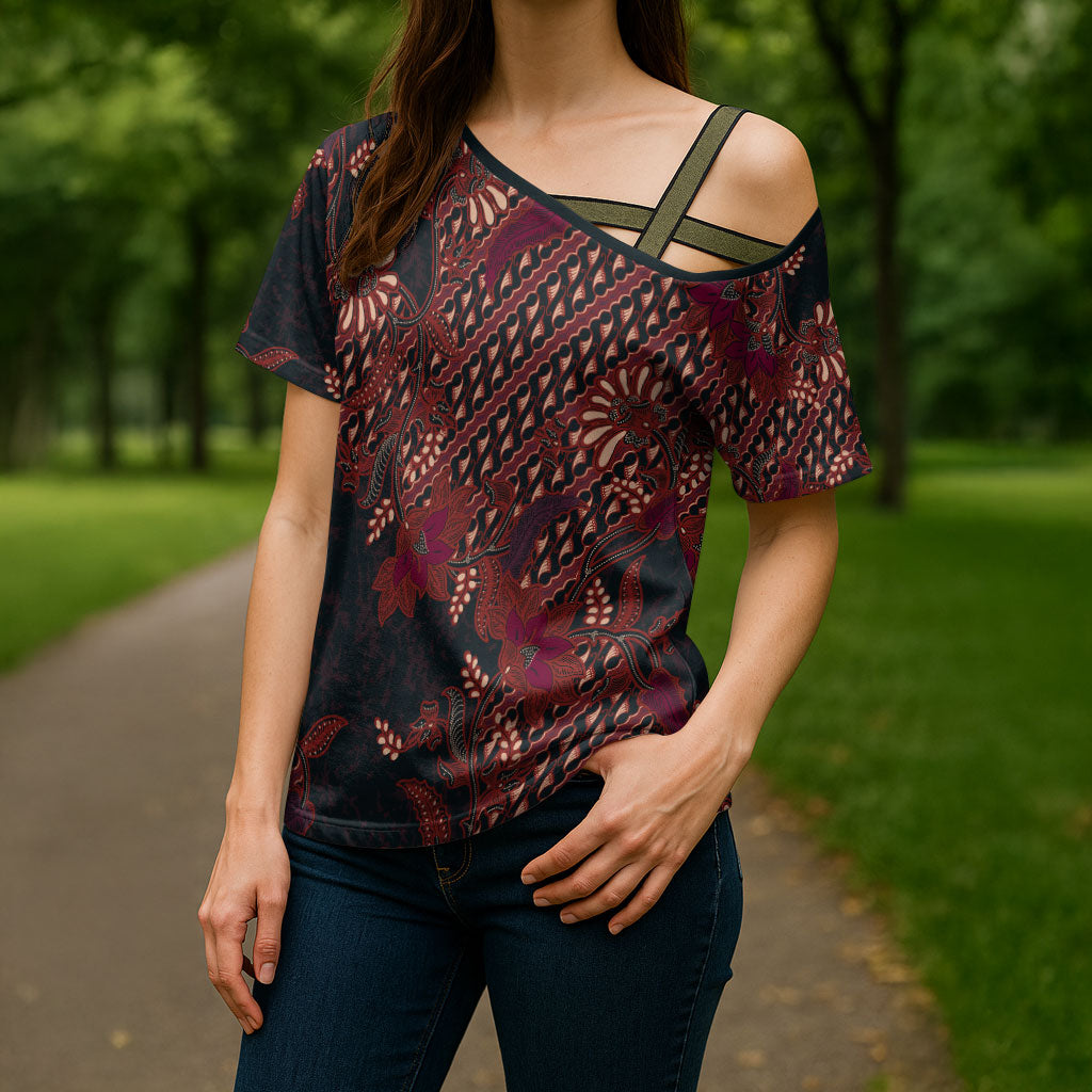 Indonesian Parang Batik Cross Shoulder Shirt Red Floral Pattern
