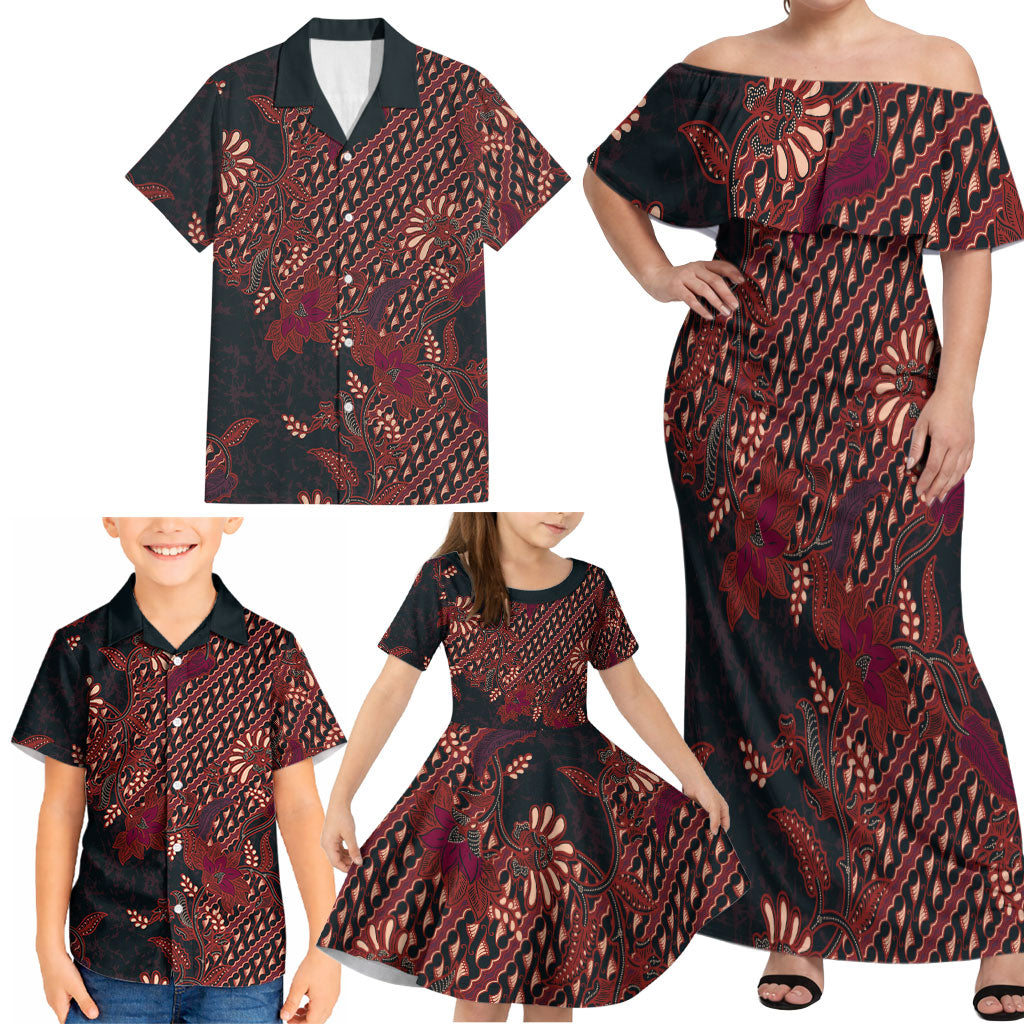 Indonesian Parang Batik Family Matching Off Shoulder Maxi Dress and Hawaiian Shirt Red Floral Pattern