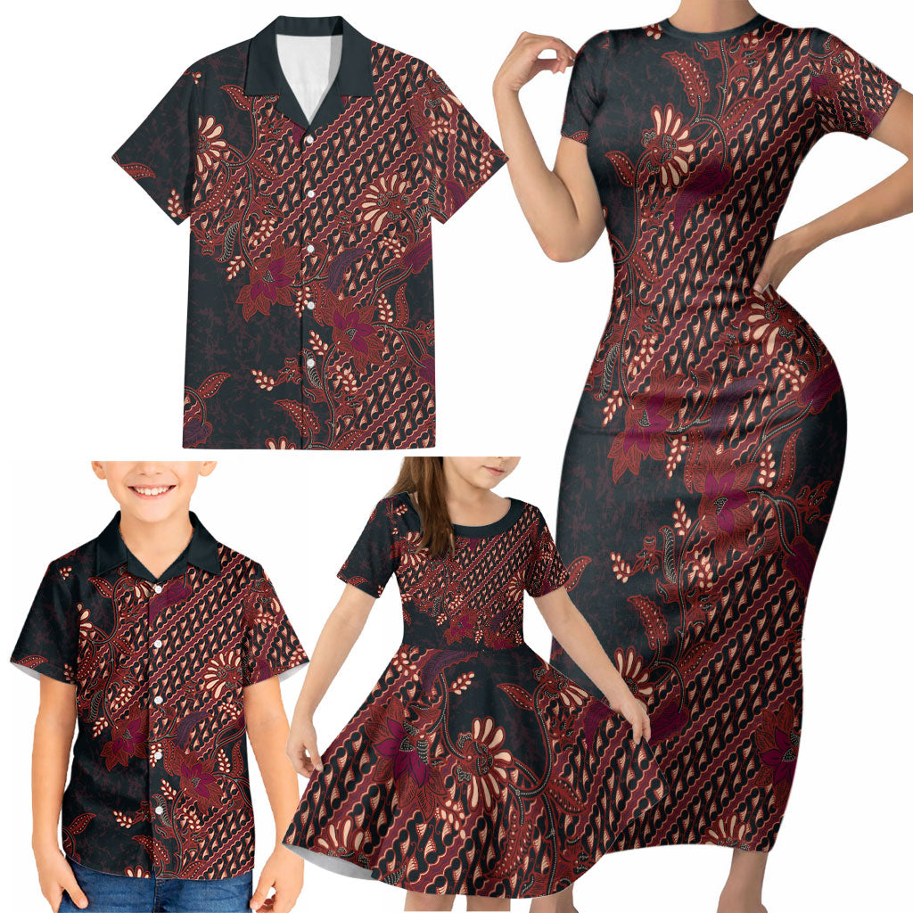 Indonesian Parang Batik Family Matching Short Sleeve Bodycon Dress and Hawaiian Shirt Red Floral Pattern