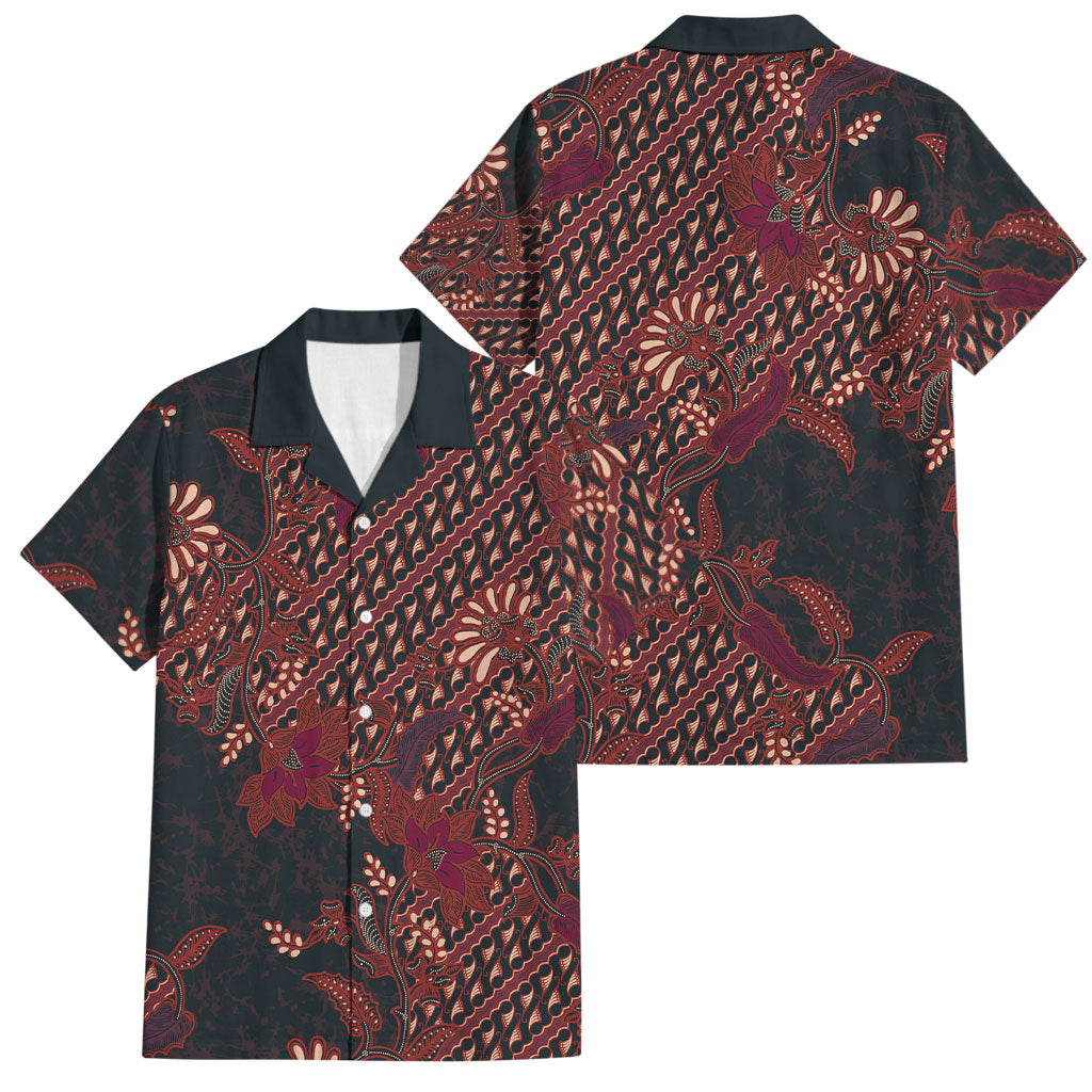 Indonesian Parang Batik Family Matching Short Sleeve Bodycon Dress and Hawaiian Shirt Red Floral Pattern