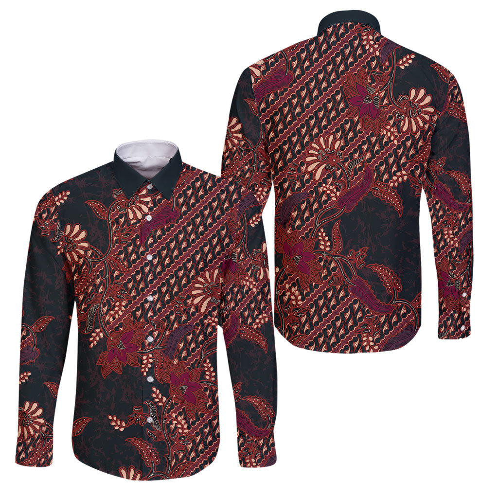Indonesian Parang Batik Family Matching Short Sleeve Bodycon Dress and Hawaiian Shirt Red Floral Pattern