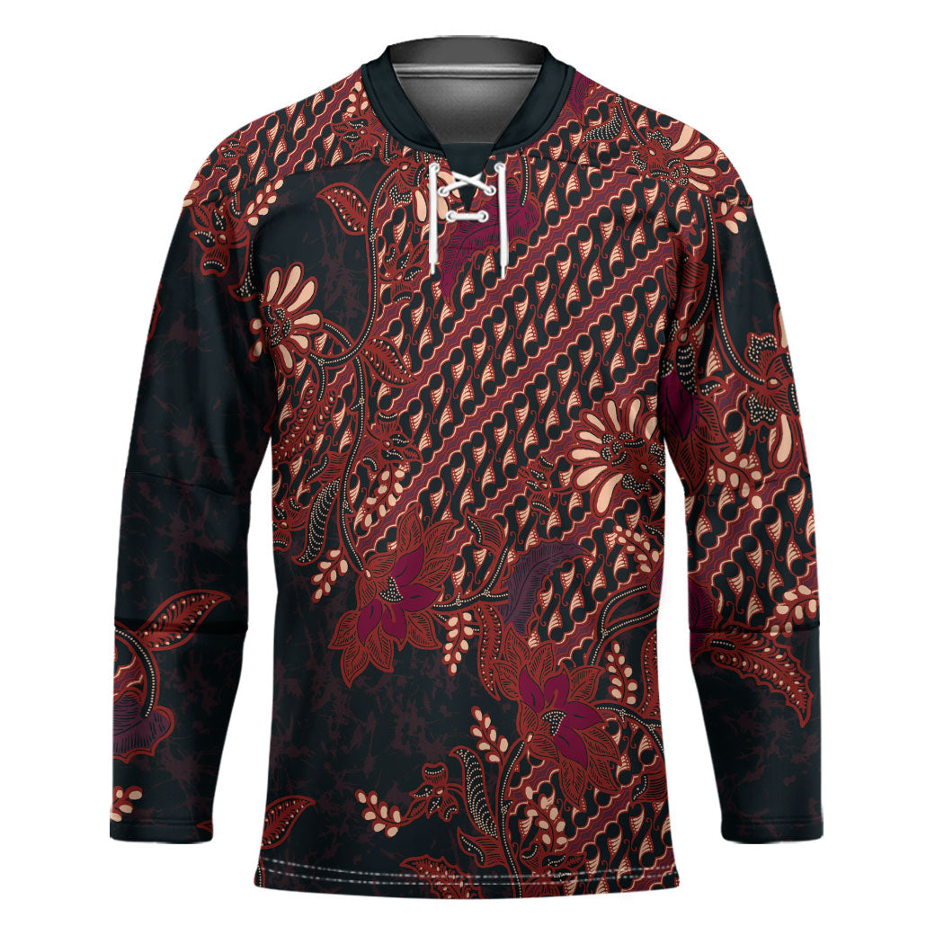 Indonesian Parang Batik Hockey Jersey Red Floral Pattern