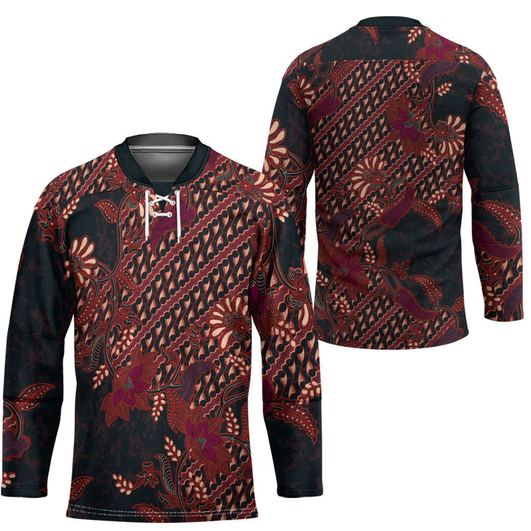 Indonesian Parang Batik Hockey Jersey Red Floral Pattern
