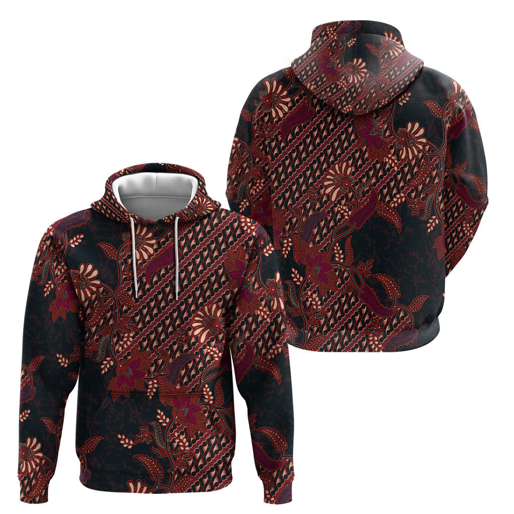 Indonesian Parang Batik Hoodie Red Floral Pattern